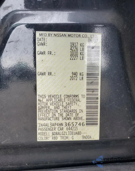 2017 Nissan Altima 2.5 from USA, damaged, VIN 1N4AL3AP4HN365746